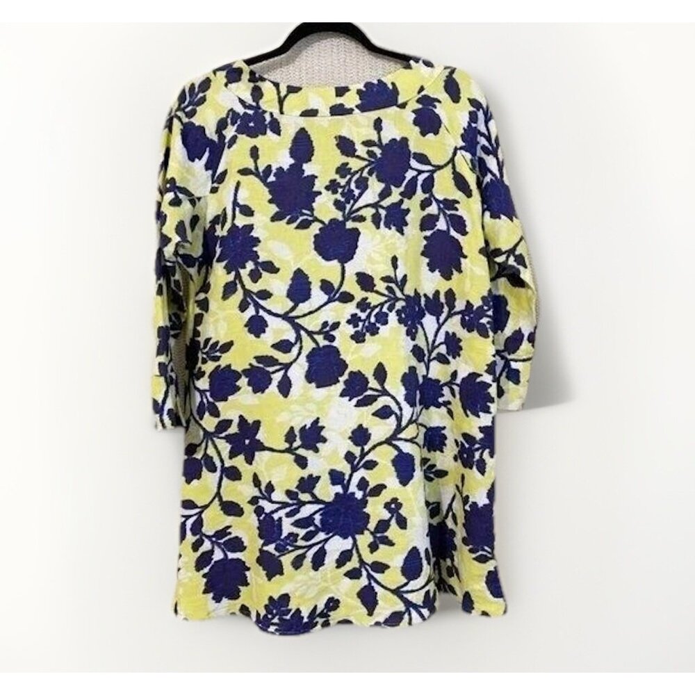 Tyler Boe Blue Yellow Floral Linen Tunic Top Women’s XS Vacation Coastal Resort